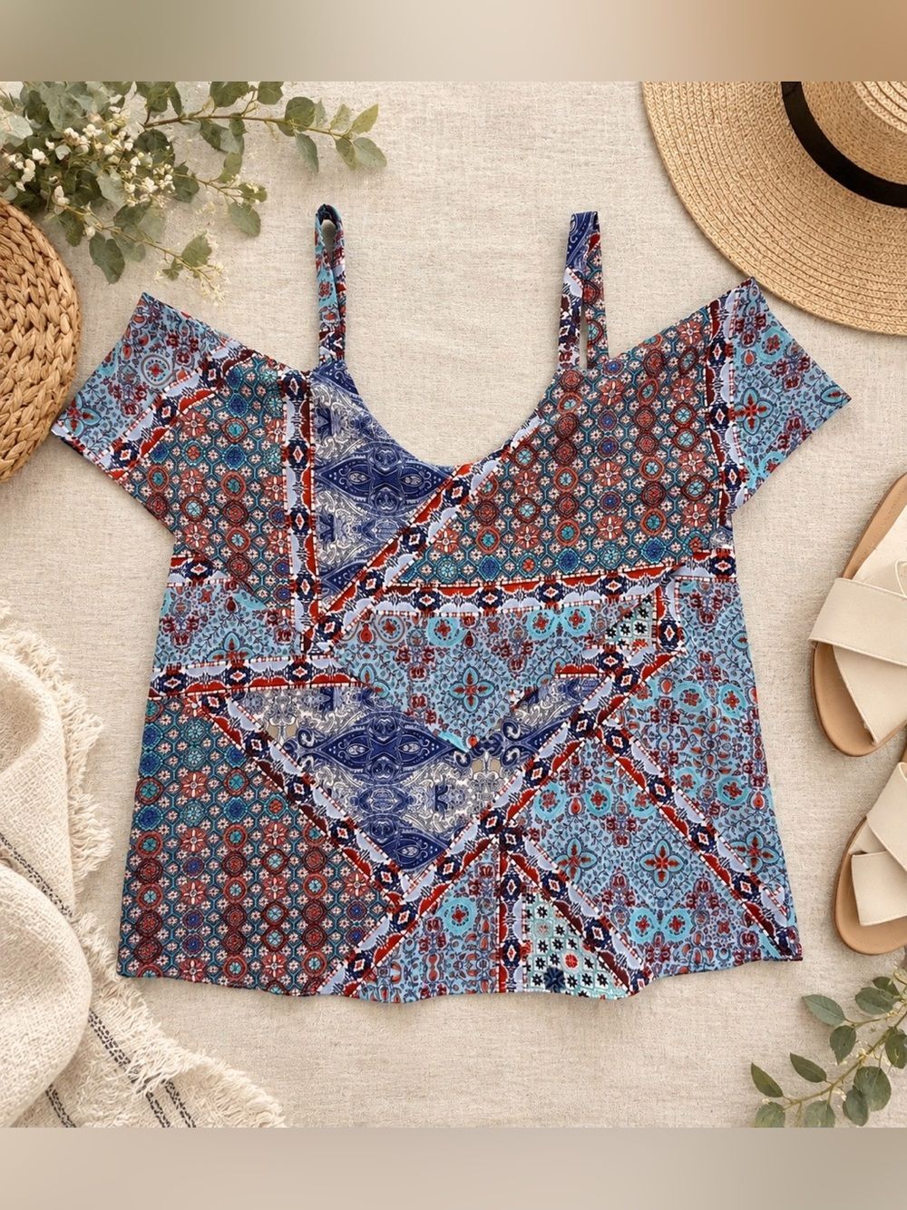 Braeve Boho Patchwork Print Cold Shoulder Blouse Top Blue Red Size S